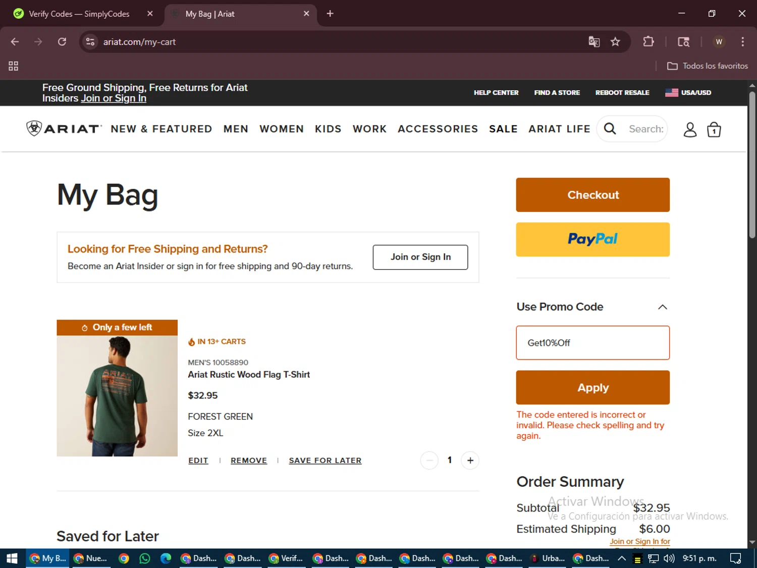 Ariat International promo code screenshot showing code Get10%Off applied at Ariat International checkout page. Uploaded by SimplyCodes community member DealMaestro2101 on Aug 1, 2025