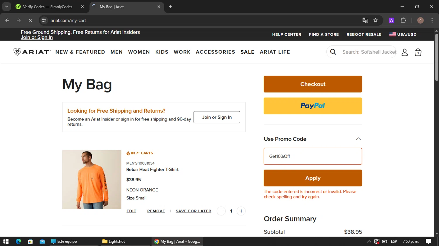 Ariat International promo code screenshot showing code Get10%Off applied at Ariat International checkout page. Uploaded by SimplyCodes community member VoucherRanger901 on Jul 31, 2025