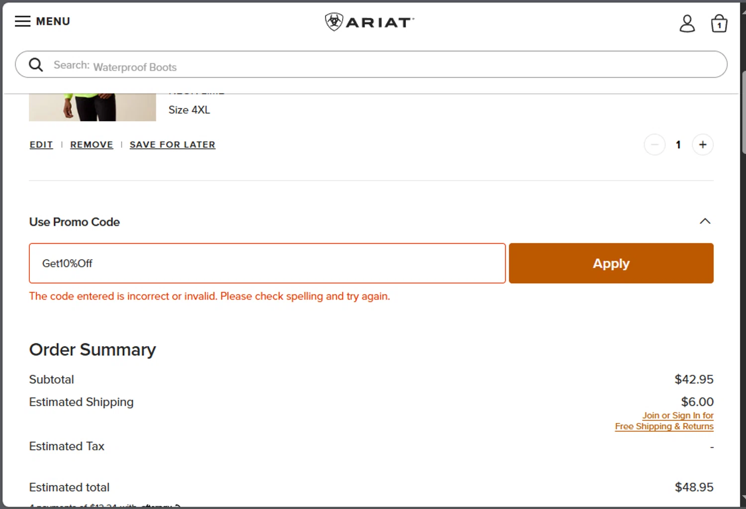 Ariat International promo code screenshot showing code Get10%Off applied at Ariat International checkout page. Uploaded by SimplyCodes community member carloschirino on Aug 1, 2025