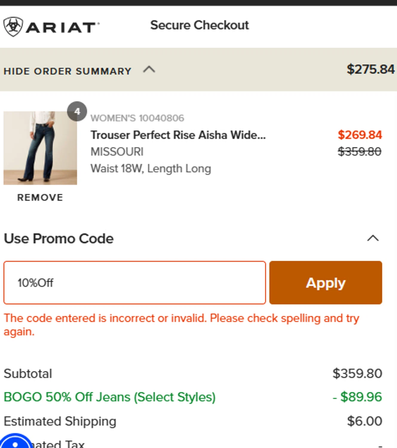 Ariat International promo code screenshot showing code 10%Off applied at Ariat International checkout page. Uploaded by SimplyCodes community member EugeniaRoMa on Aug 22, 2025