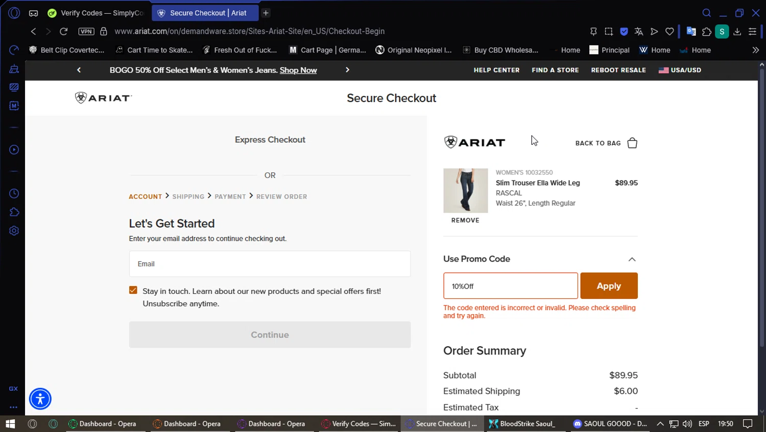 Ariat International promo code screenshot showing code 10%Off applied at Ariat International checkout page. Uploaded by SimplyCodes community member PennyFox1280 on Aug 21, 2025