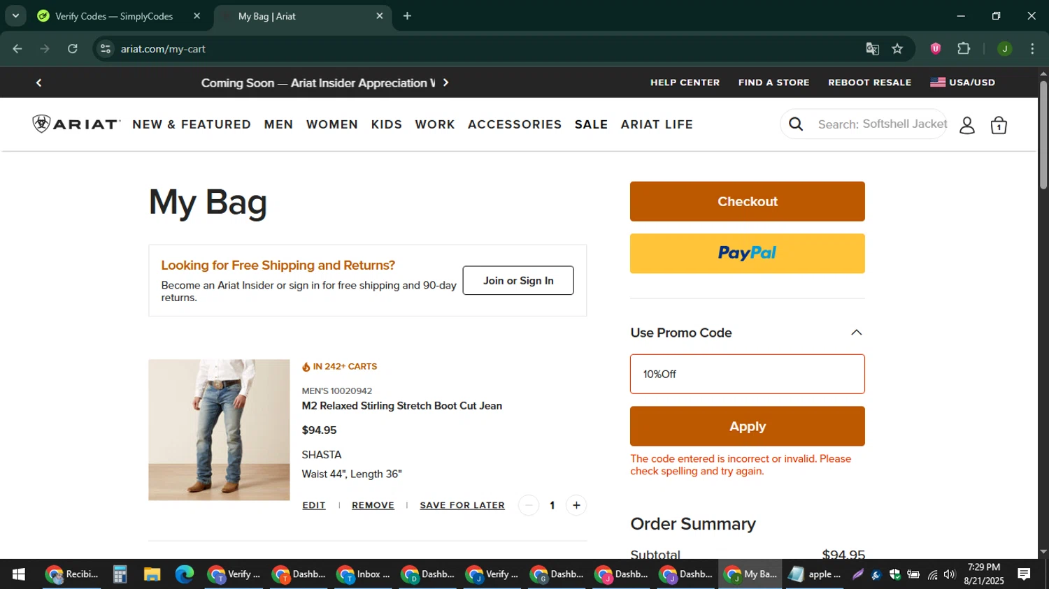 Ariat International promo code screenshot showing code 10%Off applied at Ariat International checkout page. Uploaded by SimplyCodes community member ShieldFinder369 on Aug 21, 2025