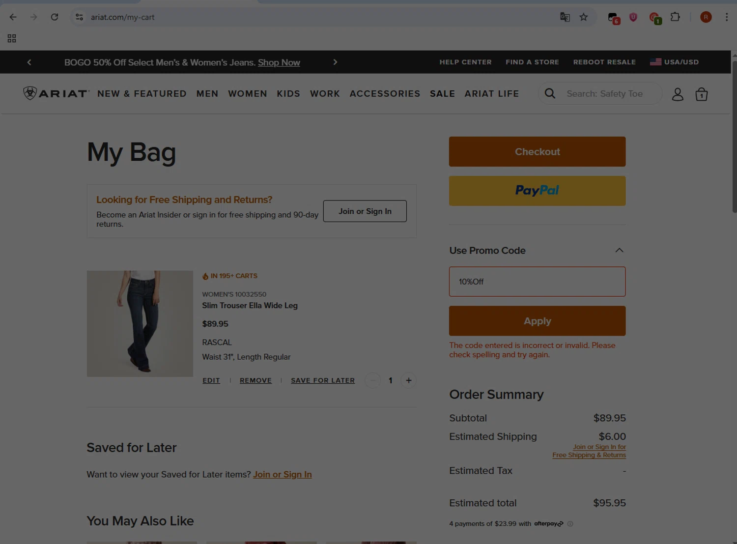 Ariat International promo code screenshot showing code 10%Off applied at Ariat International checkout page. Uploaded by SimplyCodes community member ShieldMonarch1065 on Aug 21, 2025