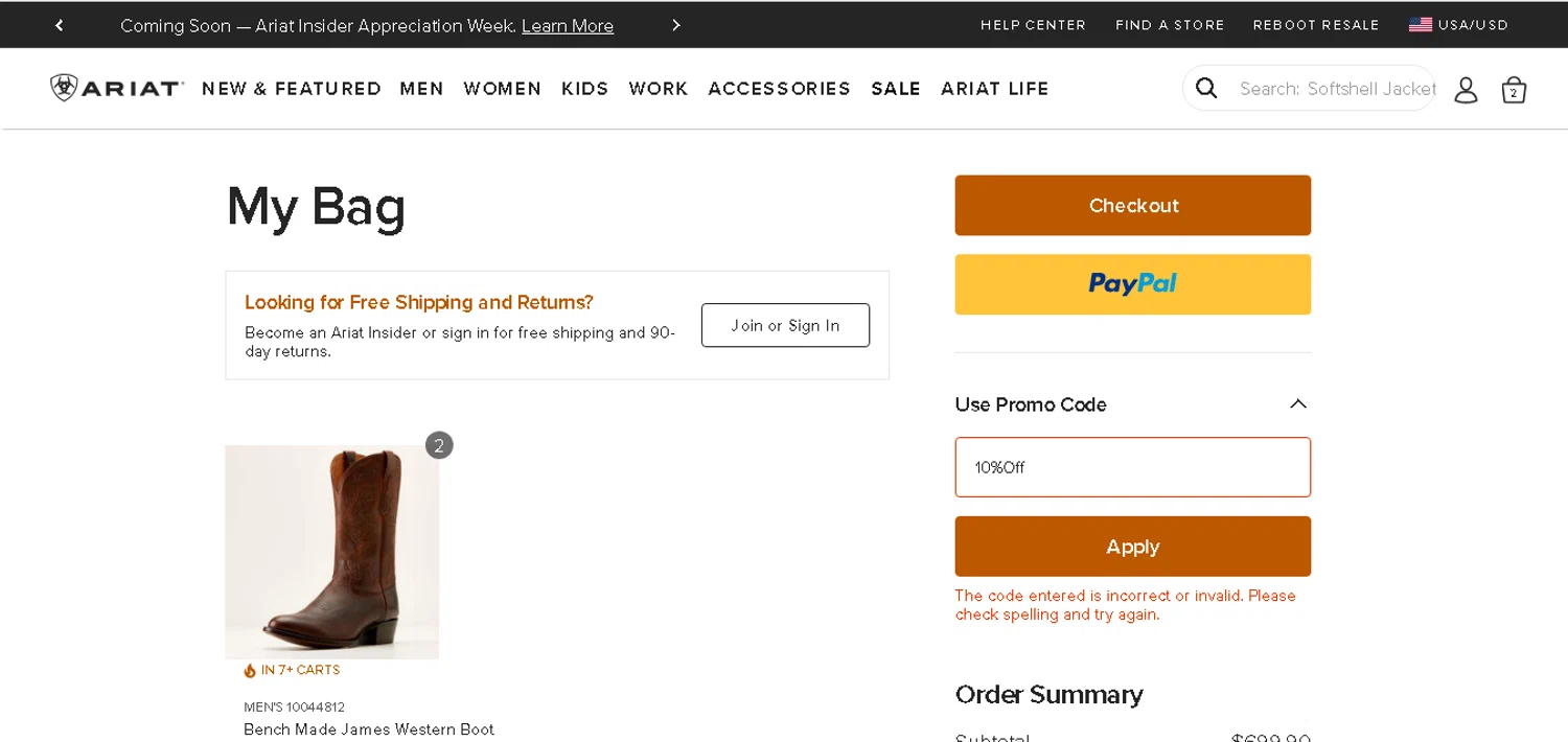 Ariat International promo code screenshot showing code 10%Off applied at Ariat International checkout page. Uploaded by SimplyCodes community member xHRxUltrax on Aug 22, 2025