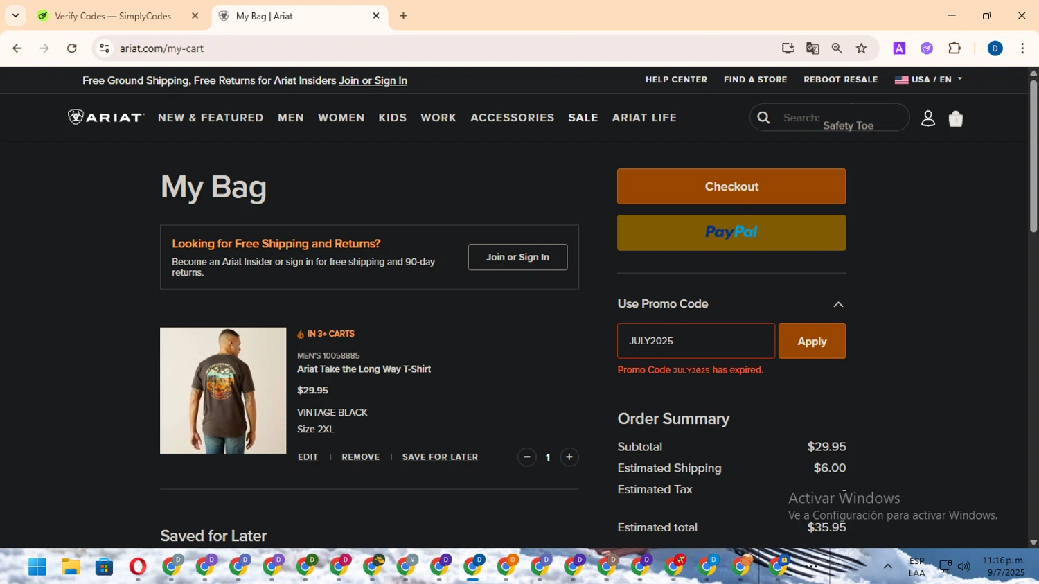 Ariat International promo code screenshot showing code JULY2025 applied at Ariat International checkout page. Uploaded by SimplyCodes community member DealVoyager8768 on Jul 10, 2025