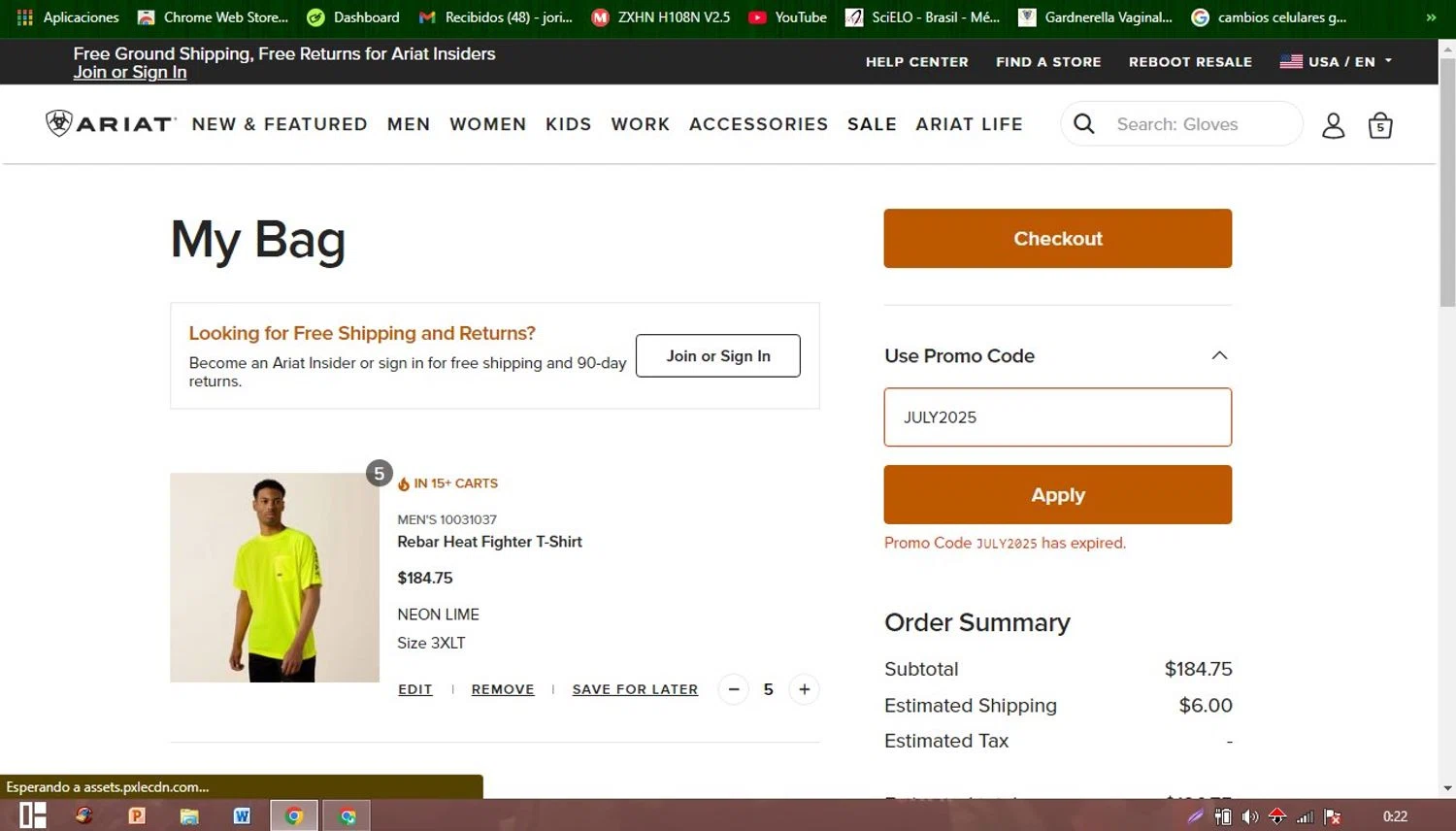 Ariat International promo code screenshot showing code JULY2025 applied at Ariat International checkout page. Uploaded by SimplyCodes community member Patobel on Jul 10, 2025