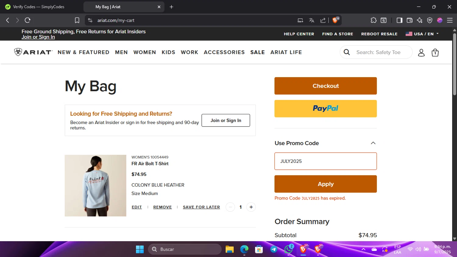 Ariat International promo code screenshot showing code JULY2025 applied at Ariat International checkout page. Uploaded by SimplyCodes community member Pinkicuat on Jul 10, 2025
