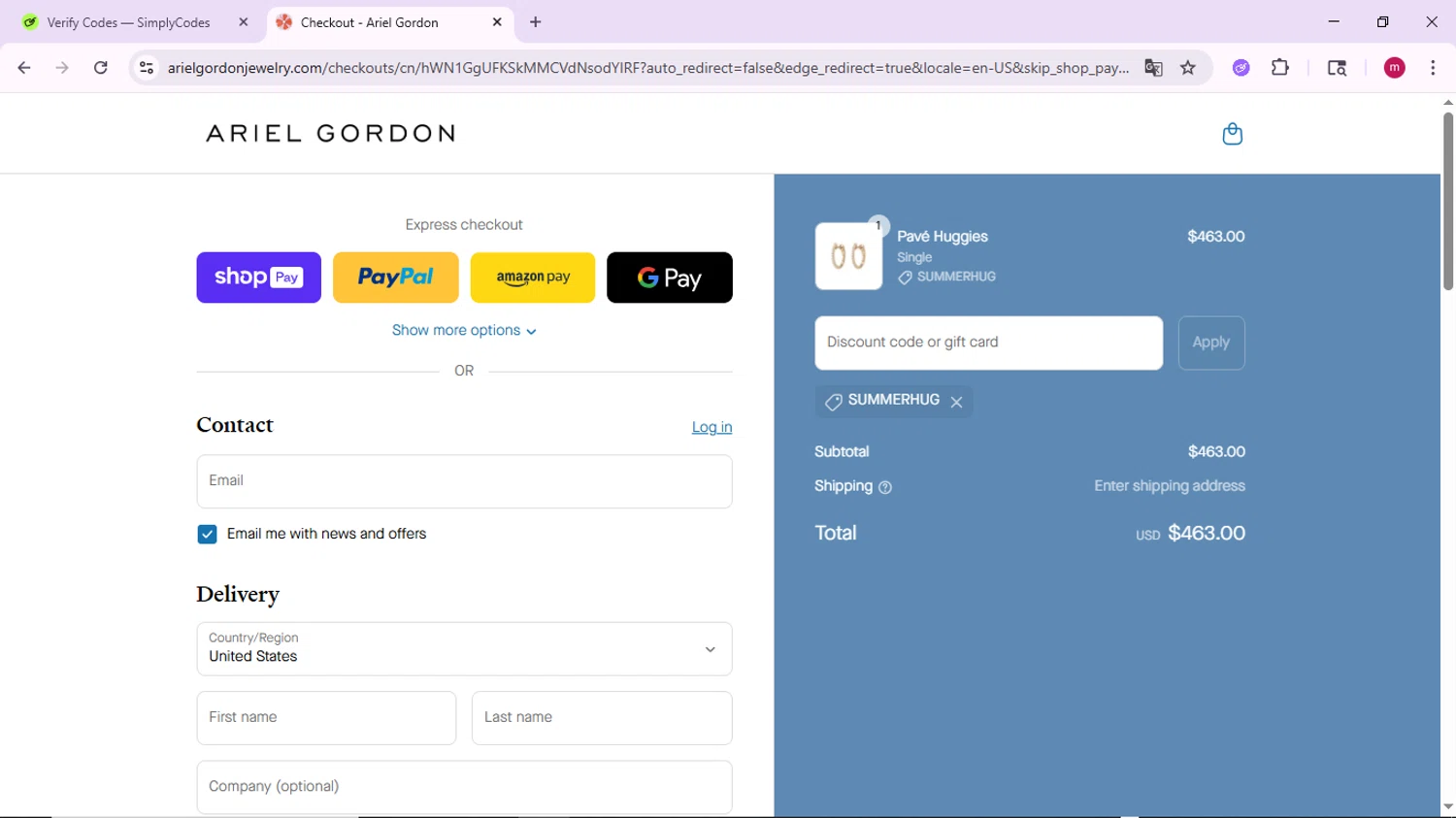 Ariel Gordon Jewelry promo code screenshot showing code SUMMERHUG applied at Ariel Gordon Jewelry checkout page. Uploaded by SimplyCodes community member PrimeSage7080 on Jul 31, 2025