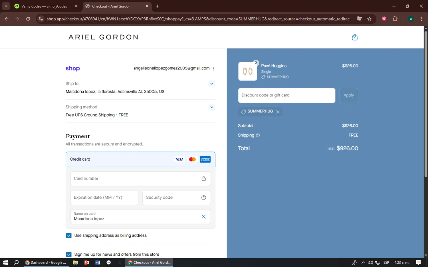 Ariel Gordon Jewelry promo code screenshot showing code SUMMERHUG applied at Ariel Gordon Jewelry checkout page. Uploaded by SimplyCodes community member zizu55 on Aug 9, 2025