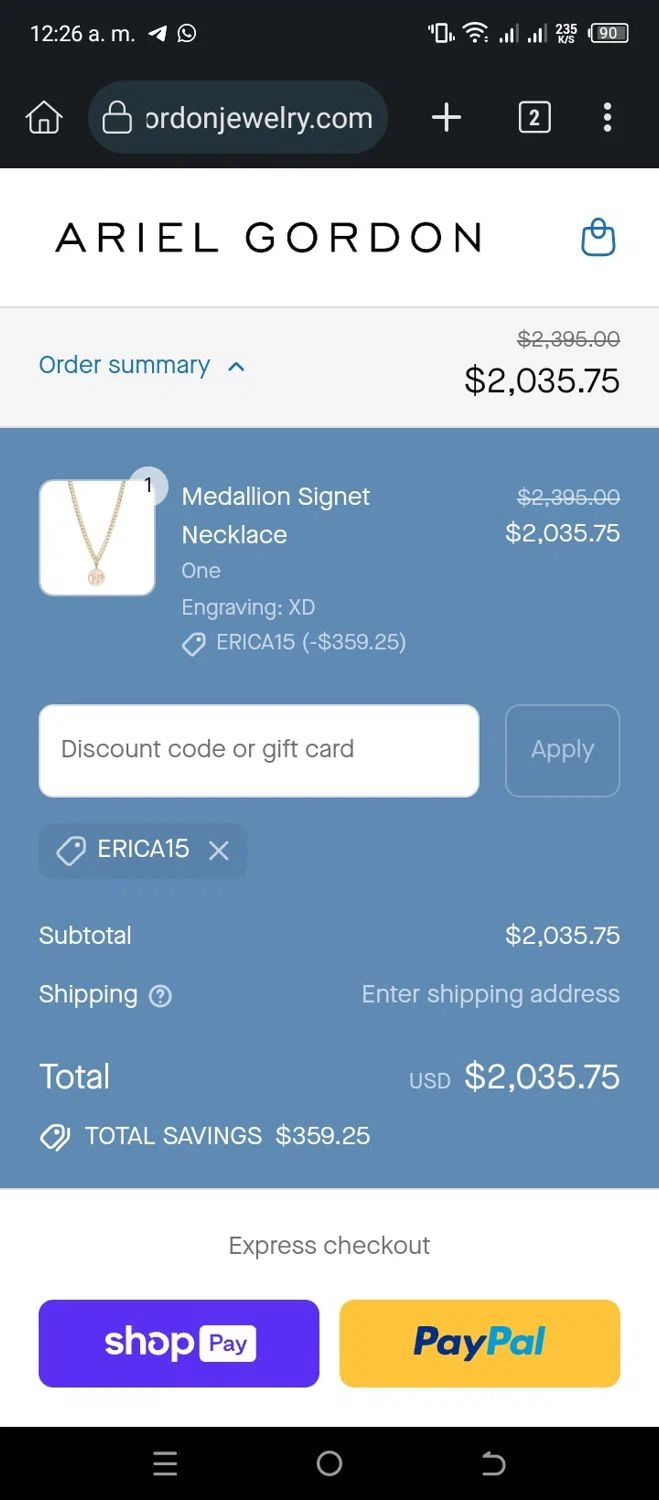 Ariel Gordon Jewelry promo code screenshot showing code erica15 applied at Ariel Gordon Jewelry checkout page. Uploaded by SimplyCodes community member CleverSleuth6613 on Aug 13, 2025