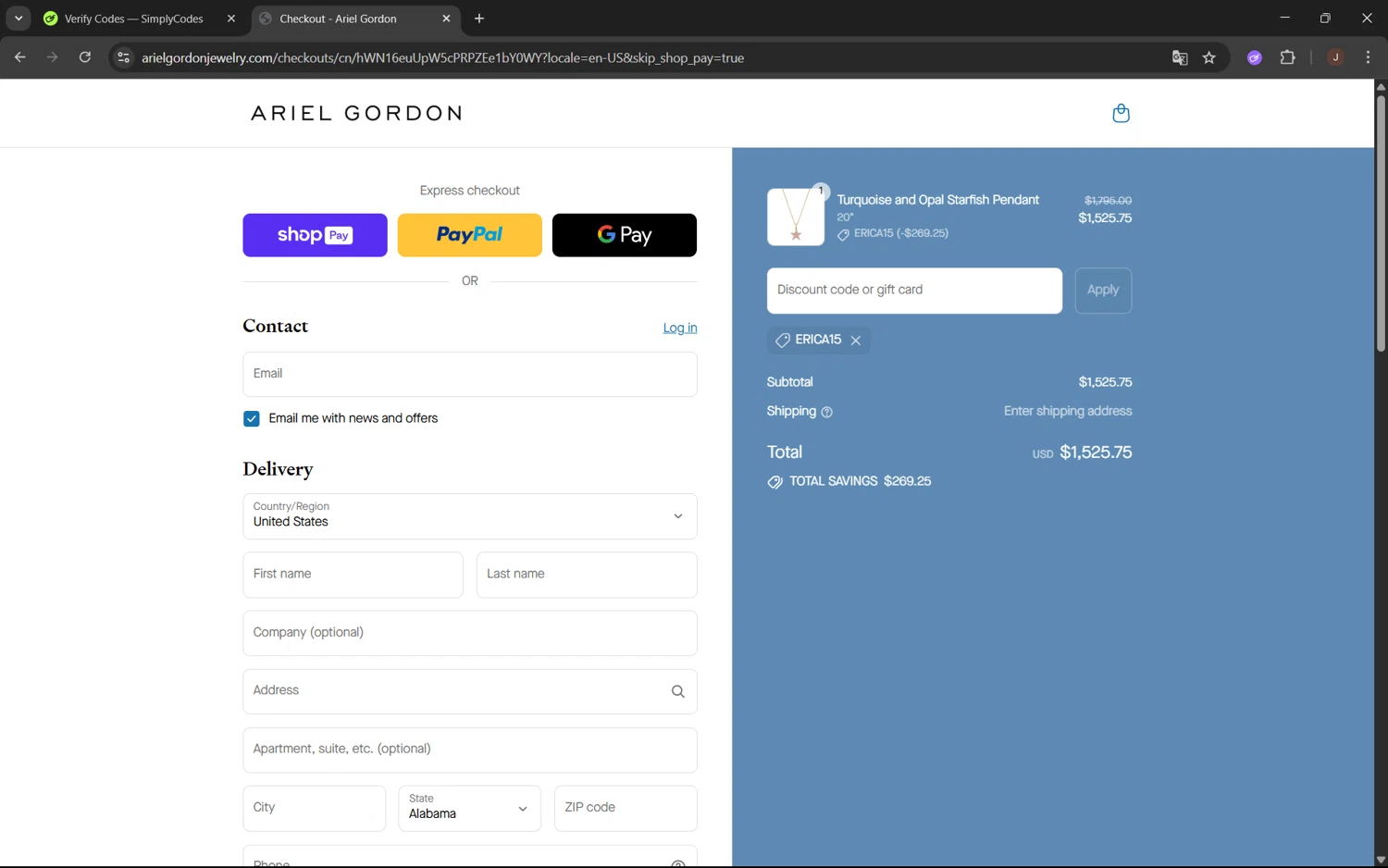 Ariel Gordon Jewelry promo code screenshot showing code erica15 applied at Ariel Gordon Jewelry checkout page. Uploaded by SimplyCodes community member juanx1702 on Jul 27, 2025