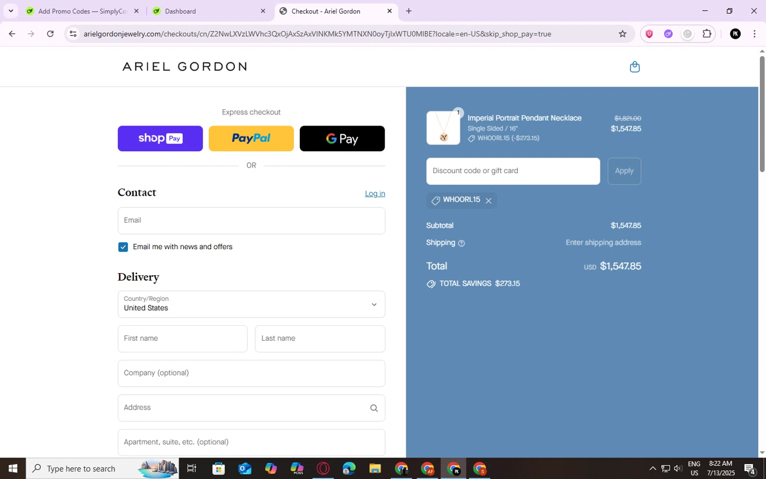 Ariel Gordon Jewelry promo code screenshot showing code whoorl15 applied at Ariel Gordon Jewelry checkout page. Uploaded by SimplyCodes community member TheJyzu on Jul 13, 2025