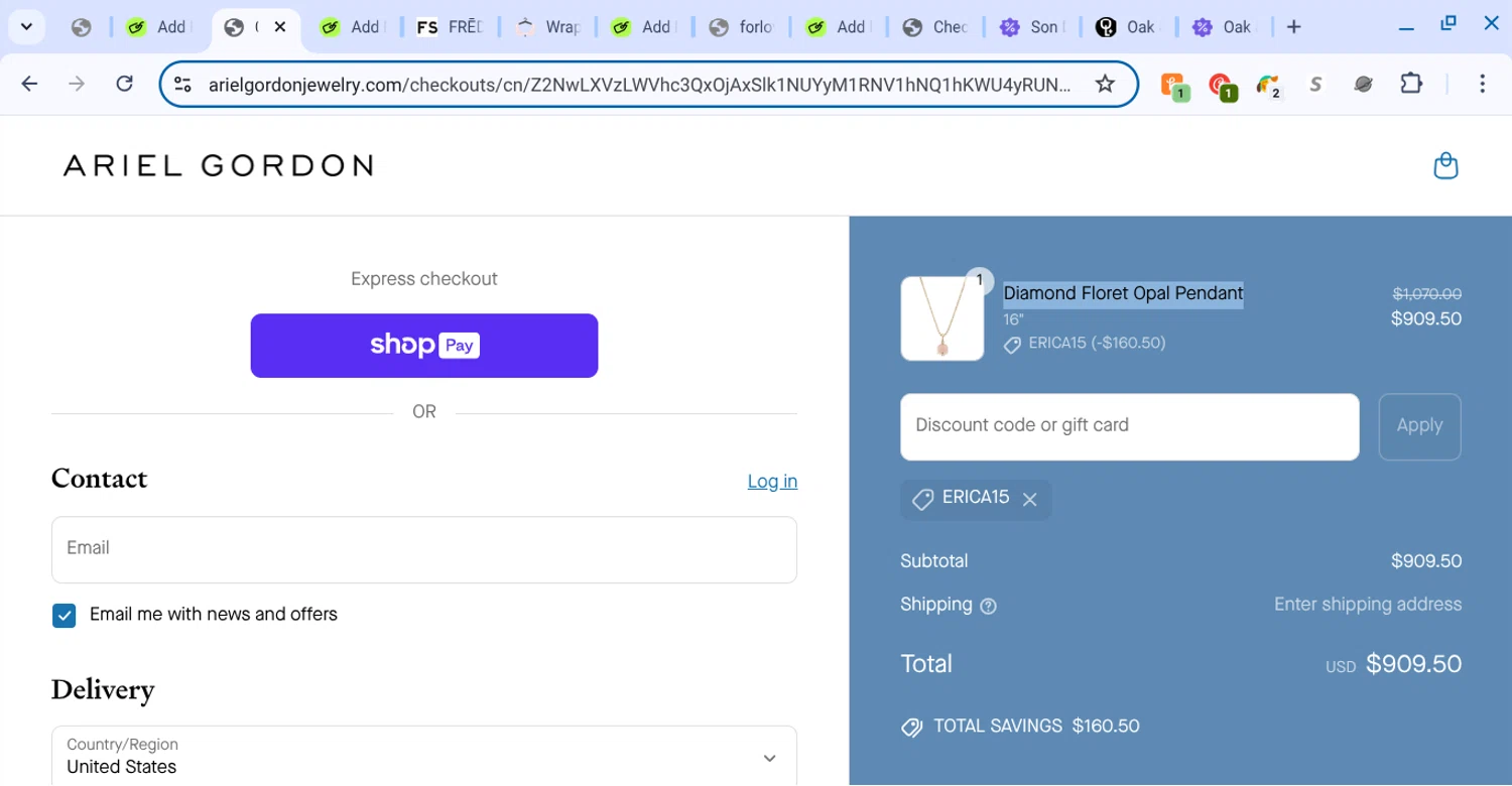 Ariel Gordon Jewelry promo code screenshot showing code erica15 applied at Ariel Gordon Jewelry checkout page. Uploaded by SimplyCodes community member KarinaHZ on Jun 19, 2025