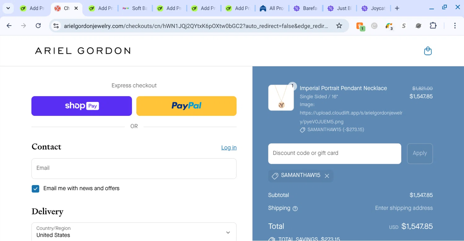 Ariel Gordon Jewelry promo code screenshot showing code samanthaw15 applied at Ariel Gordon Jewelry checkout page. Uploaded by SimplyCodes community member KarinaHZ on Aug 1, 2025