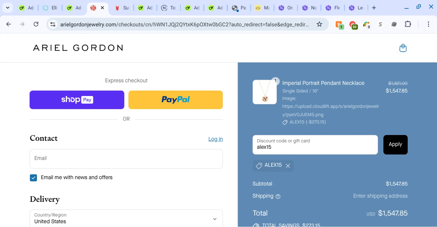 Ariel Gordon Jewelry promo code screenshot showing code alex15 applied at Ariel Gordon Jewelry checkout page. Uploaded by SimplyCodes community member KarinaHZ on Aug 8, 2025