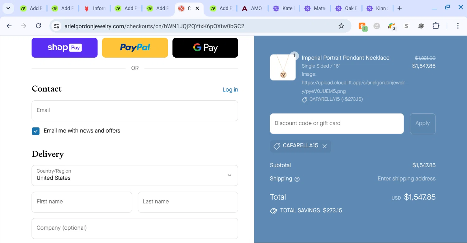 Ariel Gordon Jewelry promo code screenshot showing code caparella15 applied at Ariel Gordon Jewelry checkout page. Uploaded by SimplyCodes community member KarinaHZ on Aug 3, 2025
