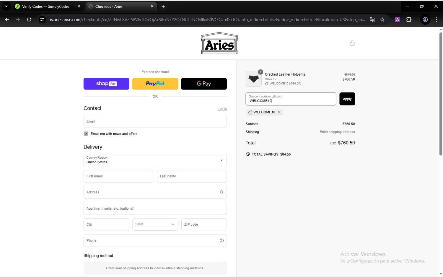 Aries discount code screenshot showing code WELCOME10 applied at Aries checkout page. Uploaded by SimplyCodes community member CarlesPlanas on Mar 23, 2025