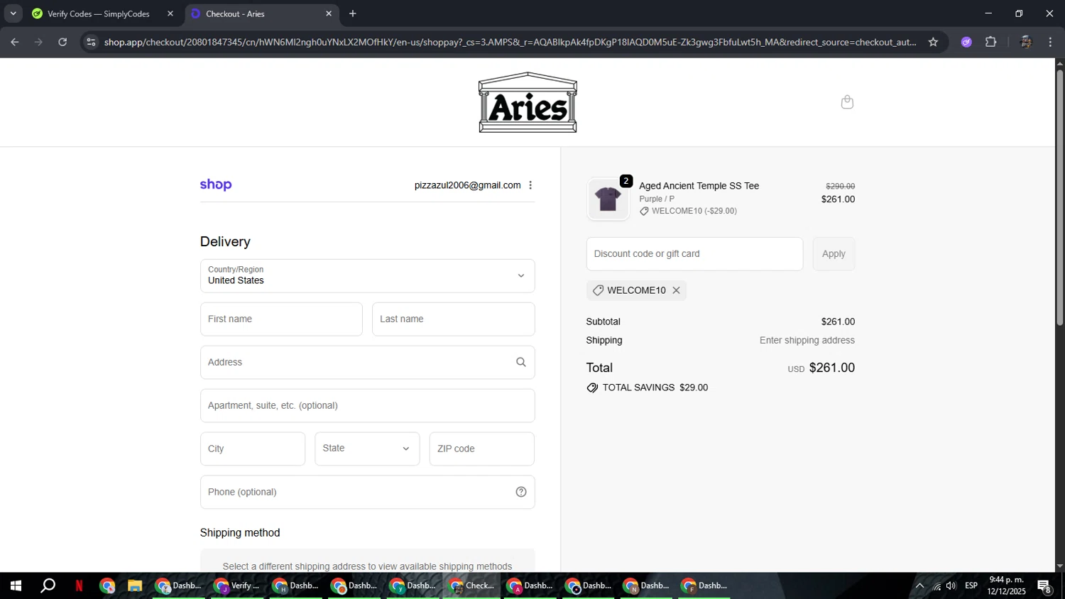 Aries discount code screenshot showing code WELCOME10 applied at Aries checkout page. Uploaded by SimplyCodes community member xxdddd on Dec 13, 2025