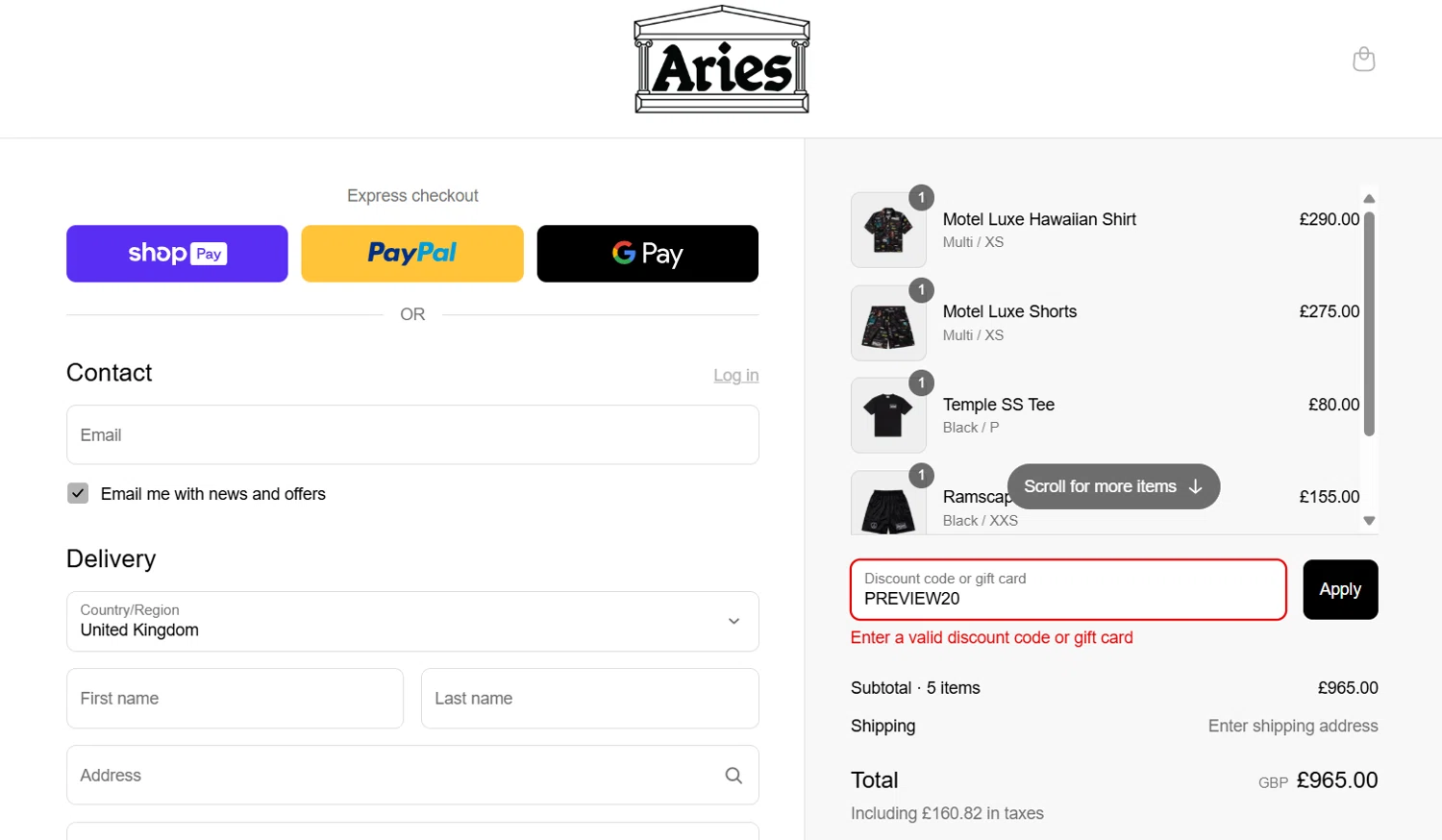 Aries discount code screenshot showing code PREVIEW20 applied at Aries checkout page. Uploaded by SimplyCodes community member JasnibelEgu on Mar 19, 2025