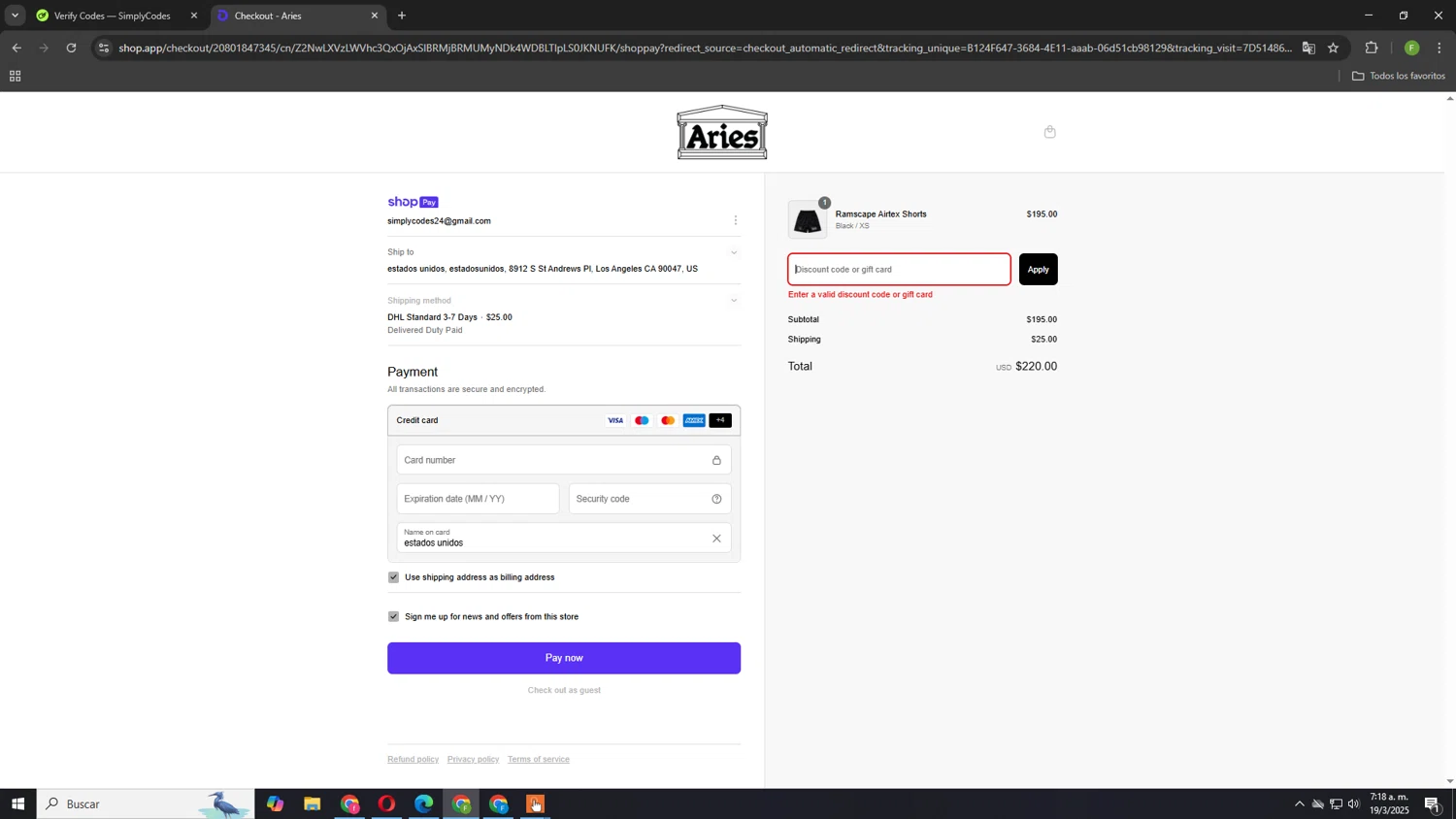 Aries discount code screenshot showing code PREVIEW20 applied at Aries checkout page. Uploaded by SimplyCodes community member GloriousCaptain8066 on Mar 19, 2025