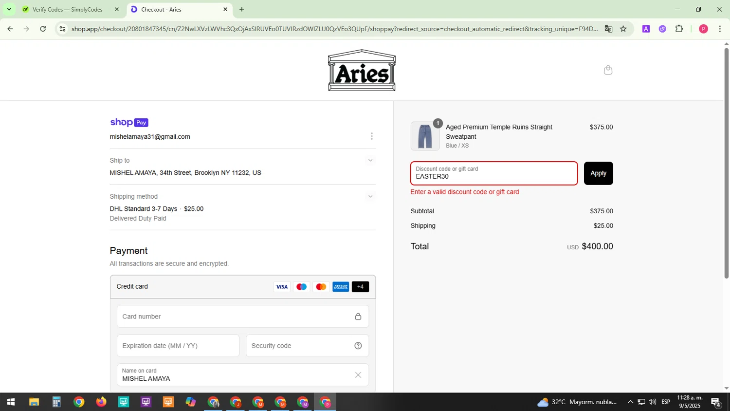 Aries discount code screenshot showing code EASTER30 applied at Aries checkout page. Uploaded by SimplyCodes community member Junior13 on May 9, 2025