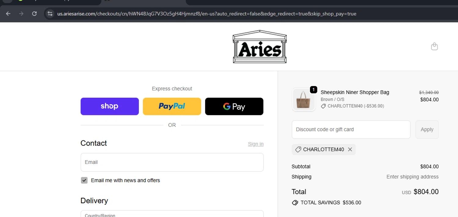 Aries discount code screenshot showing code Charlottem40 applied at Aries checkout page. Uploaded by SimplyCodes community member Mulan5674851292422 on Oct 16, 2025