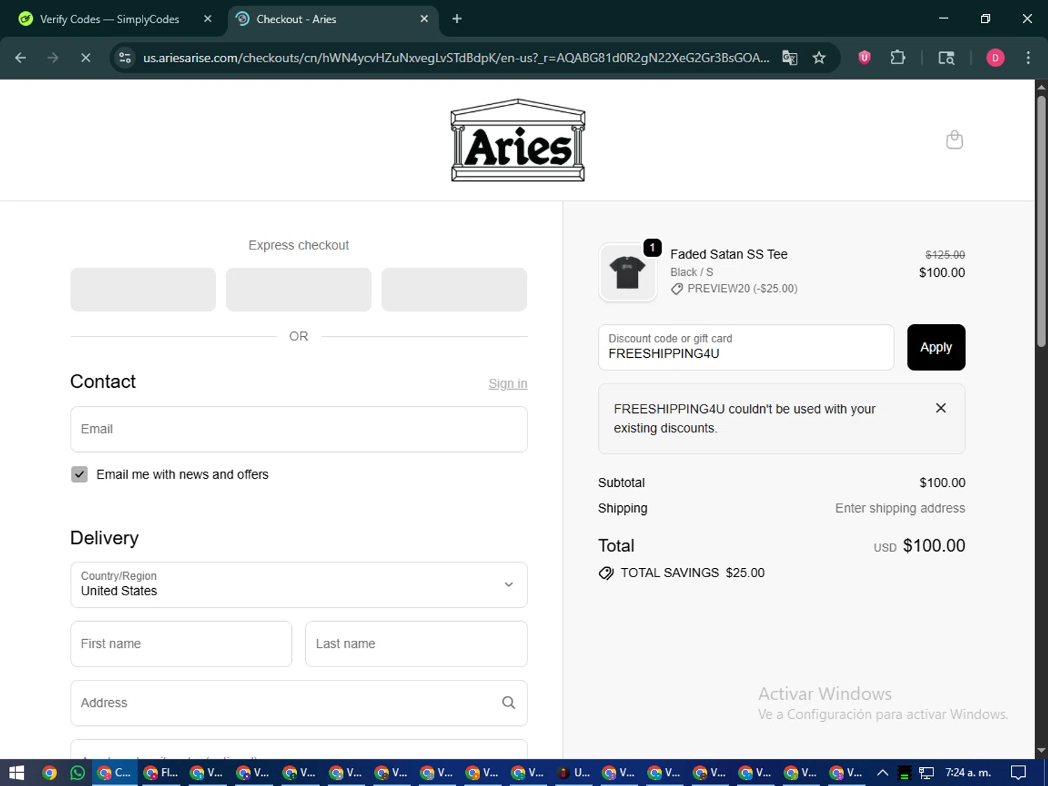 Aries discount code screenshot showing code FREESHIPPING4U applied at Aries checkout page. Uploaded by SimplyCodes community member MoneySeeker7165 on Nov 6, 2025