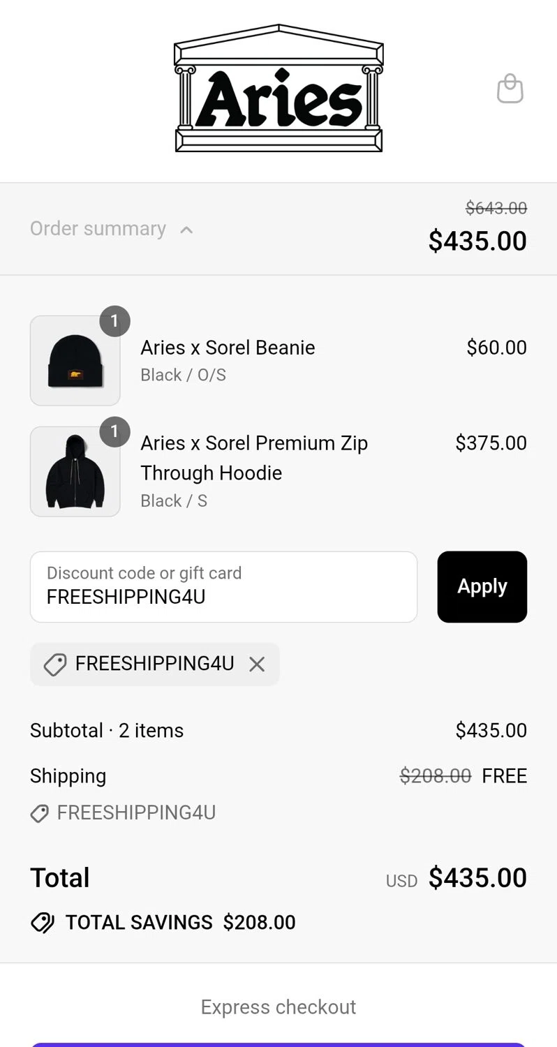 Aries discount code screenshot showing code FREESHIPPING4U applied at Aries checkout page. Uploaded by SimplyCodes community member JuanMonge on Sep 6, 2025