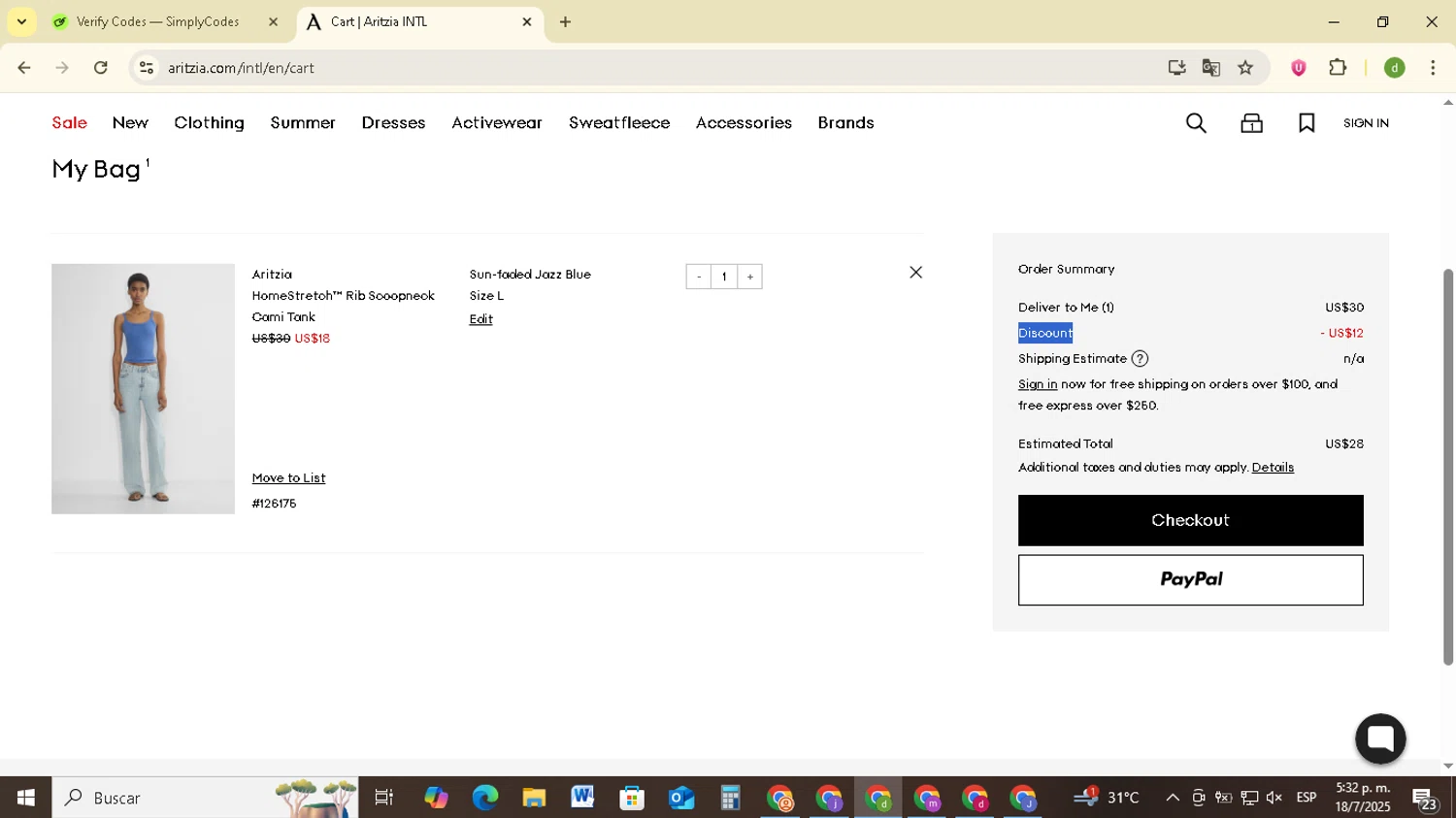 Aritzia promo code screenshot showing code FIRSTORDER applied at Aritzia checkout page. Uploaded by SimplyCodes community member SavingsSentinel833 on Jul 18, 2025