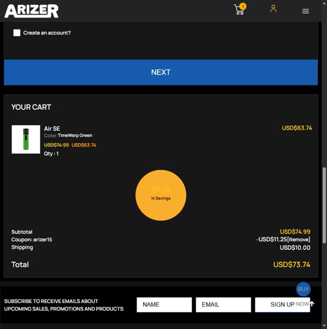 Arizer checkout page showing Arizer promo code box | Screenshot taken by SimplyCodes community member on Aug 16, 2025