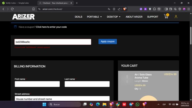 Arizer checkout page showing Arizer promo code box | Screenshot taken by SimplyCodes community member on Aug 19, 2025