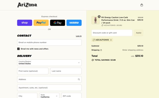 AriZona checkout page showing AriZona discount code box | Screenshot taken by SimplyCodes community member on Sep 8, 2025