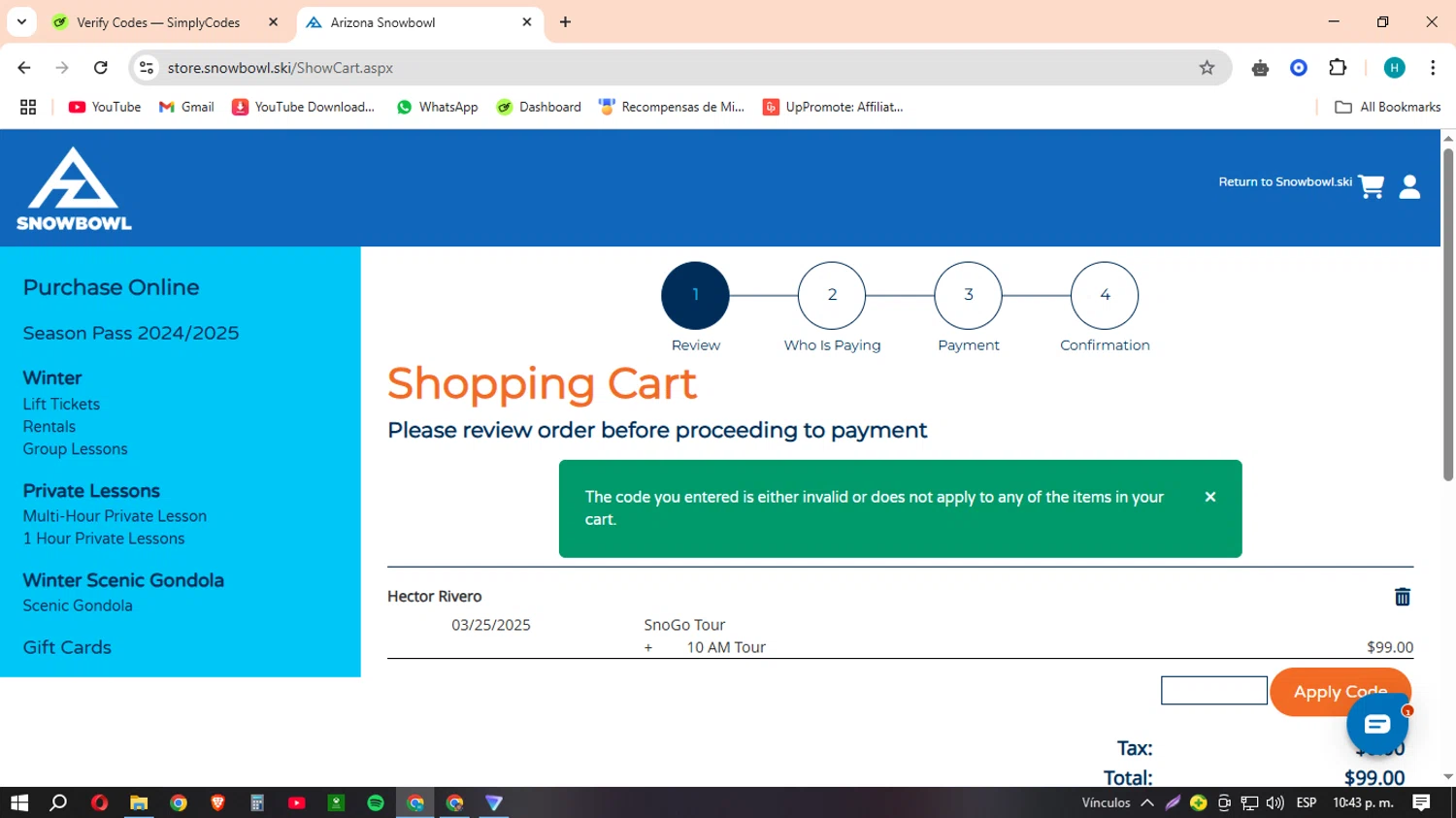 Arizona Snowbowl discount code screenshot showing code TZSNOGO applied at Arizona Snowbowl checkout page. Uploaded by SimplyCodes community member MACHINEv1 on Mar 12, 2025
