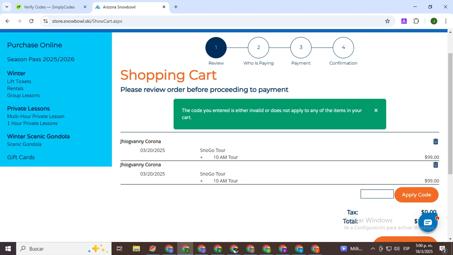 Arizona Snowbowl discount code screenshot showing code TZSNOGO applied at Arizona Snowbowl checkout page. Uploaded by SimplyCodes community member CleverSeeker3529 on Mar 18, 2025
