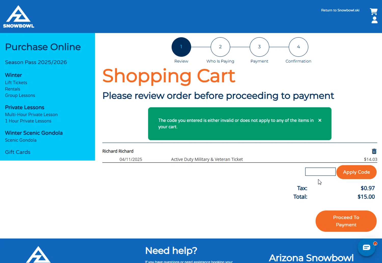 Arizona Snowbowl discount code screenshot showing code SAVE25 applied at Arizona Snowbowl checkout page. Uploaded by SimplyCodes community member CoolMcCool on Apr 7, 2025