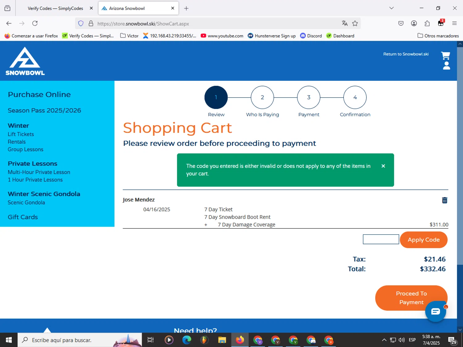 Arizona Snowbowl discount code screenshot showing code SAVE25 applied at Arizona Snowbowl checkout page. Uploaded by SimplyCodes community member Garou_Y2K on Apr 7, 2025
