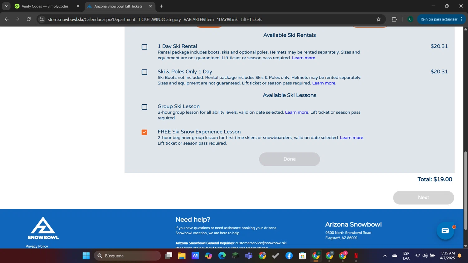 Arizona Snowbowl discount code screenshot showing code SAVE25 applied at Arizona Snowbowl checkout page. Uploaded by SimplyCodes community member neygoot on Apr 7, 2025