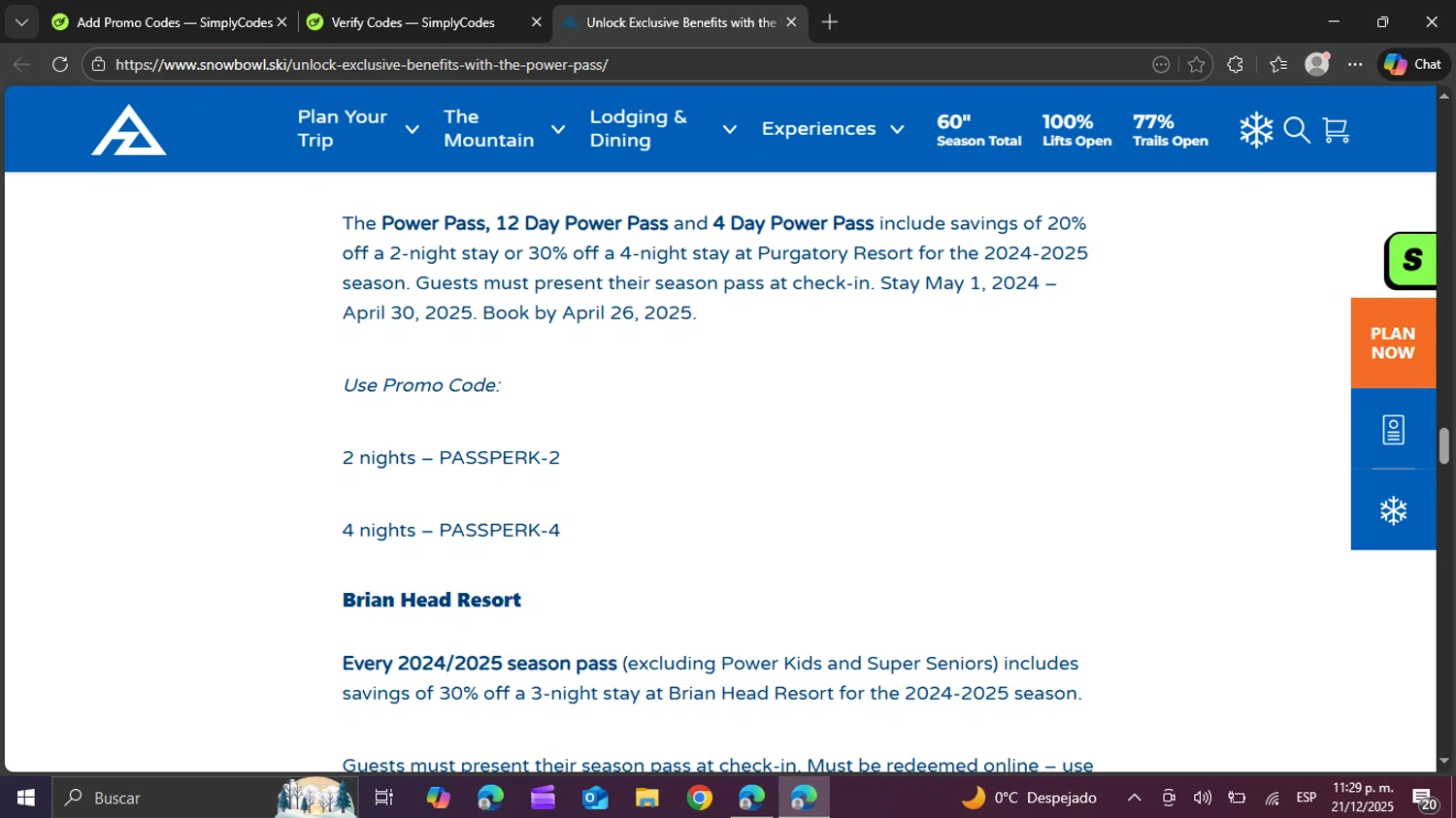 Arizona Snowbowl discount code screenshot showing code PASSPERK-2 applied at Arizona Snowbowl checkout page. Uploaded by SimplyCodes community member BudgetPro6018 on Dec 22, 2025