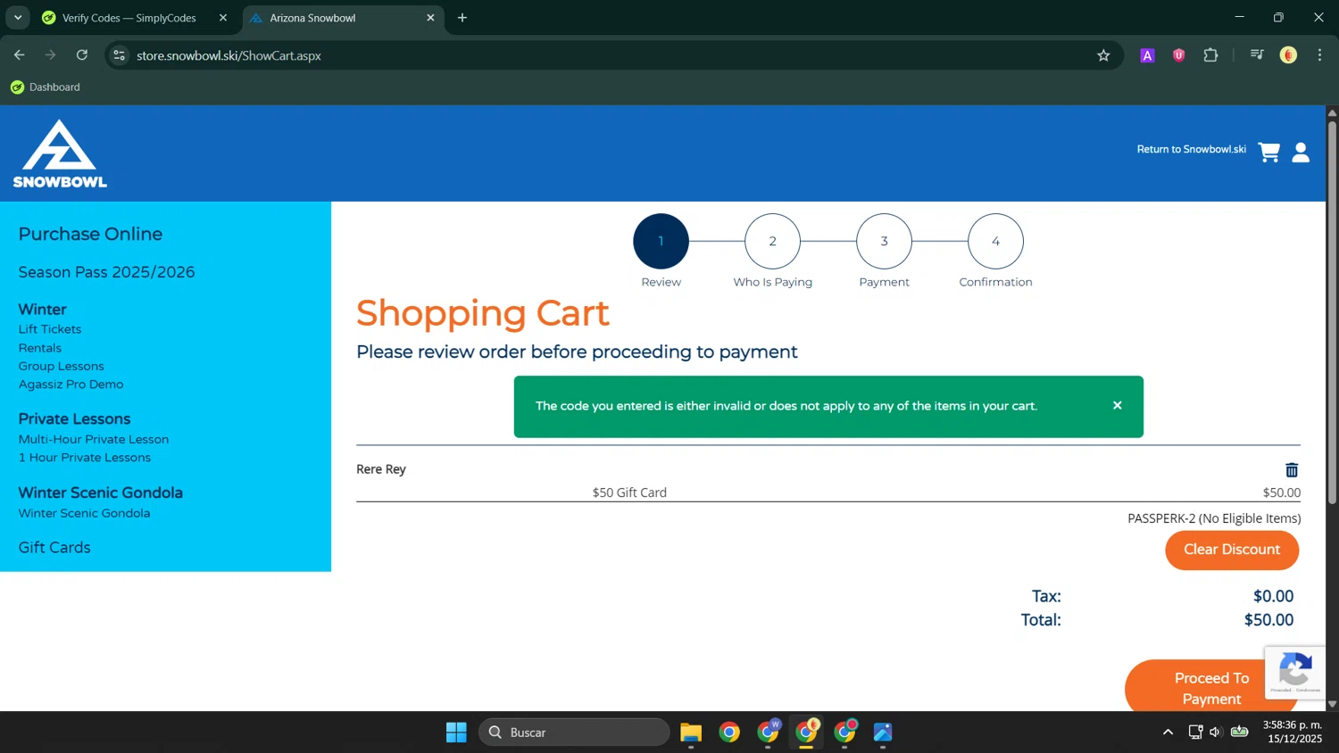 Arizona Snowbowl discount code screenshot showing code PASSPERK-2 applied at Arizona Snowbowl checkout page. Uploaded by SimplyCodes community member LuckyShopper9694 on Dec 15, 2025