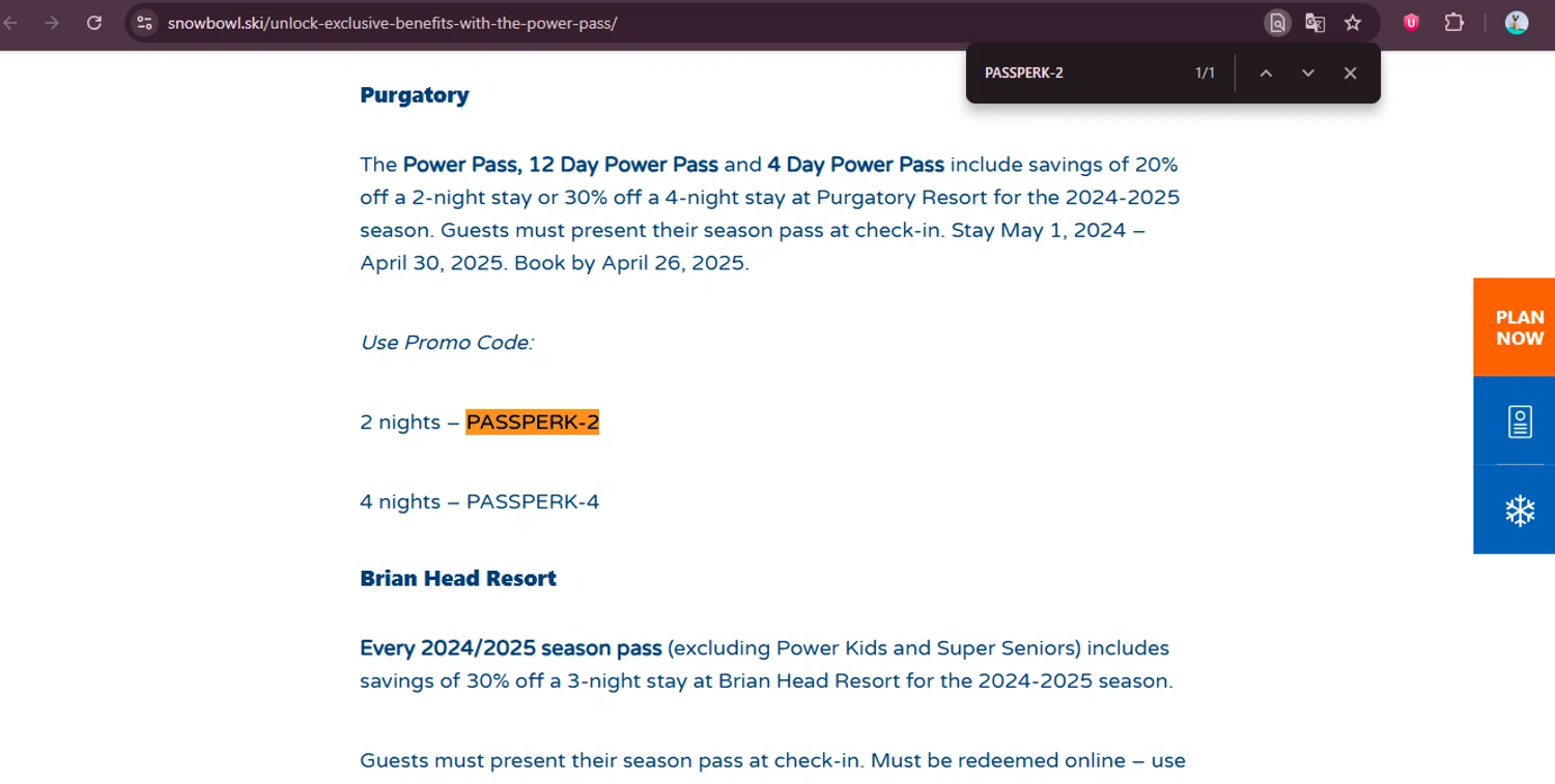 Arizona Snowbowl discount code screenshot showing code PASSPERK-2 applied at Arizona Snowbowl checkout page. Uploaded by SimplyCodes community member elgatobravo on Dec 1, 2025