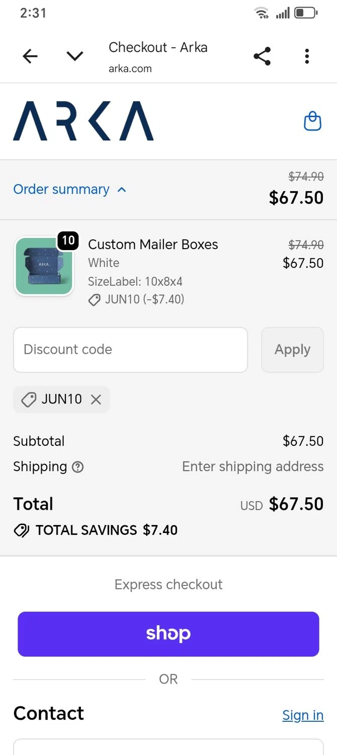 Arka Packaging promo code screenshot showing code JUN10 applied at Arka Packaging checkout page. Uploaded by SimplyCodes community member franksanchez on Jun 19, 2026