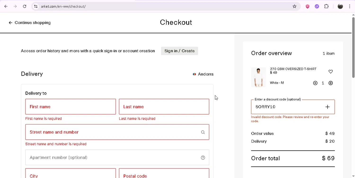 Arket discount code screenshot showing code SORRY10 applied at Arket checkout page. Uploaded by SimplyCodes community member JASTIFY on Aug 6, 2025
