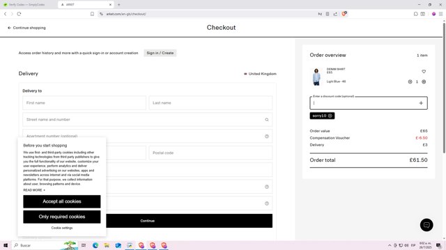 Arket checkout page showing Arket discount code box | Screenshot taken by SimplyCodes community member on Jul 26, 2025