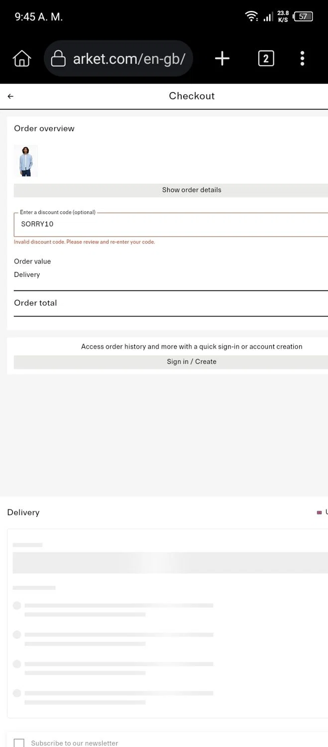 Arket discount code screenshot showing code SORRY10 applied at Arket checkout page. Uploaded by SimplyCodes community member MightyOwl7578 on Aug 6, 2025