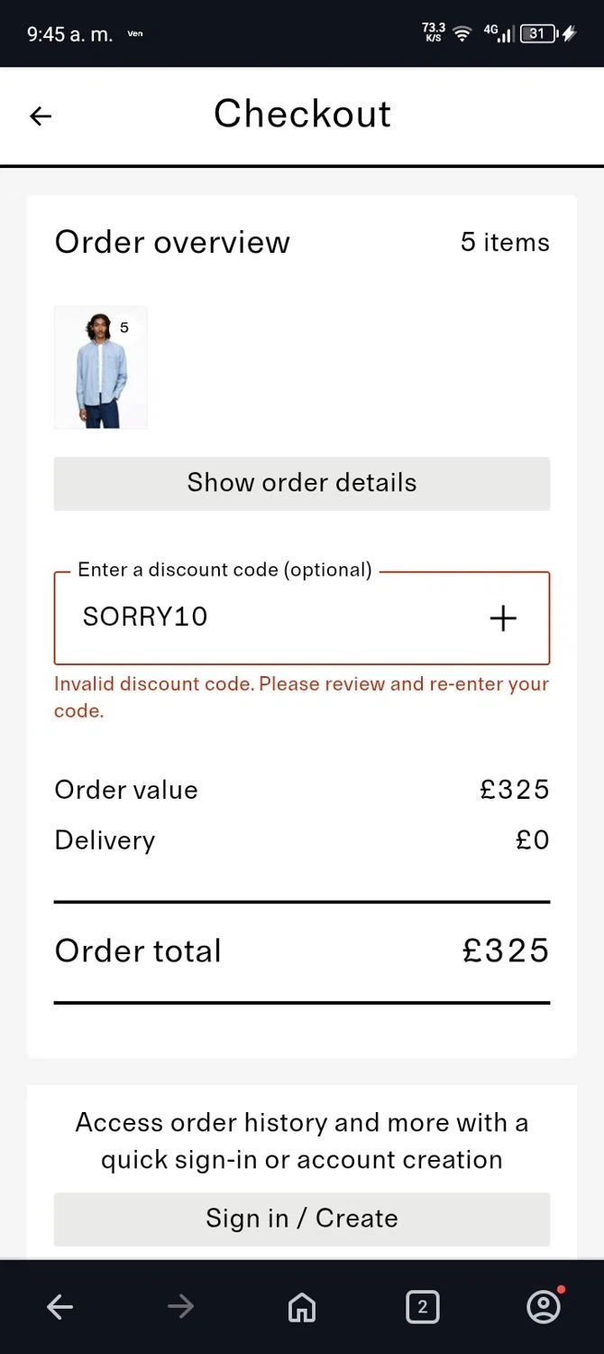Arket discount code screenshot showing code SORRY10 applied at Arket checkout page. Uploaded by SimplyCodes community member terricameron on Aug 6, 2025