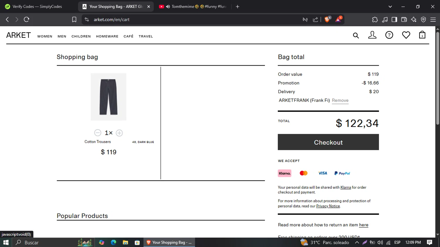 Arket discount code screenshot showing code ARKETFRANK applied at Arket checkout page. Uploaded by SimplyCodes community member Suguru_Geto on Apr 19, 2025