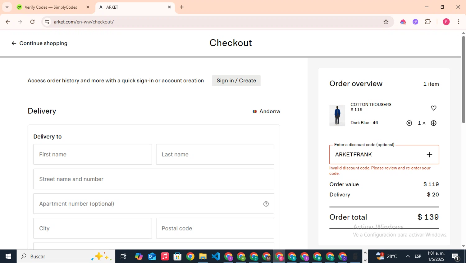 Arket discount code screenshot showing code ARKETFRANK applied at Arket checkout page. Uploaded by SimplyCodes community member CouponHero7312 on May 1, 2025