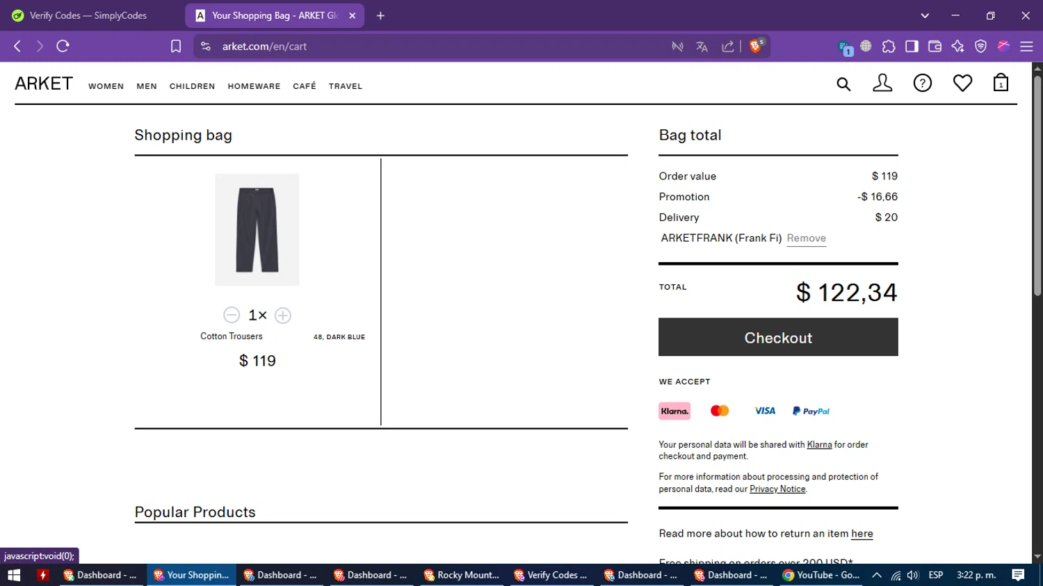 Arket discount code screenshot showing code ARKETFRANK applied at Arket checkout page. Uploaded by SimplyCodes community member CleverMaverick2546 on Apr 21, 2025