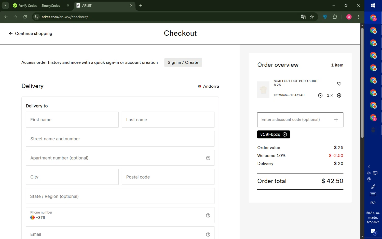 Arket discount code screenshot showing code V19L-BPzq applied at Arket checkout page. Uploaded by SimplyCodes community member LegendaryRanger6350 on May 6, 2025