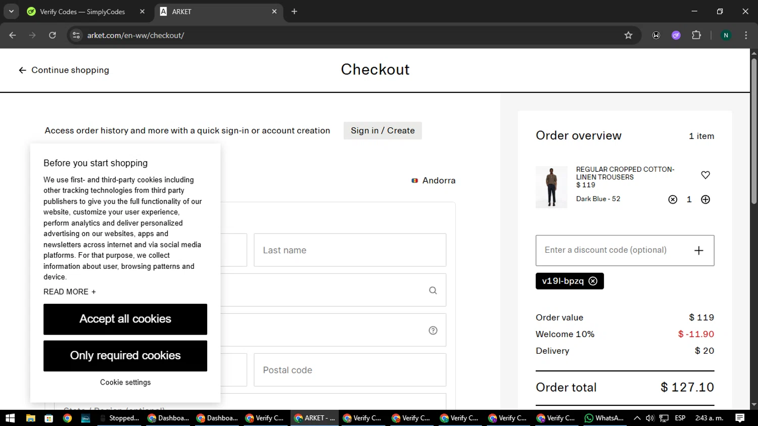 Arket discount code screenshot showing code V19L-BPzq applied at Arket checkout page. Uploaded by SimplyCodes community member nataaokiiii on Aug 10, 2025